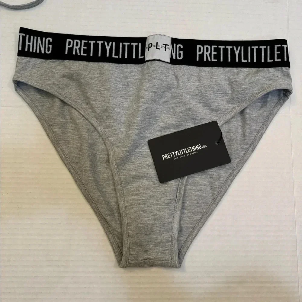 PRETTYLITTLETTHING GREY JERSEY LOGO TAPE LINGERIE SET